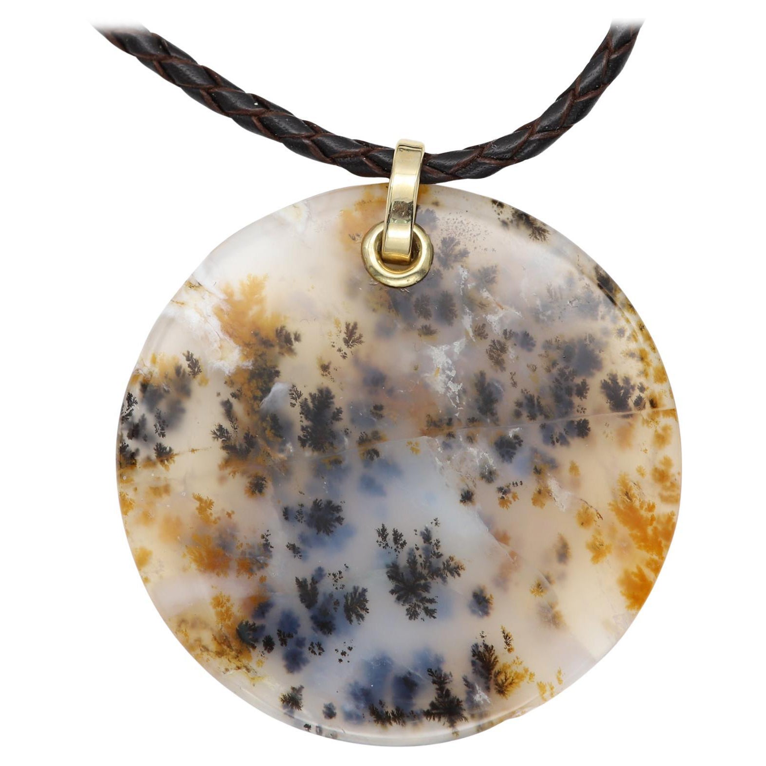 Dendritic Moss Agate stone Necklace Natural Stone Pendant 14 Karat Yellow Gold