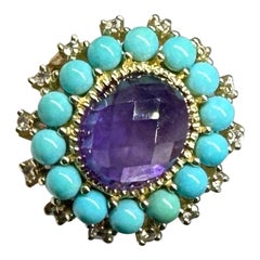 Checkerboard Amethyst Persian Turquoise Diamond Ring Gold Retro Cocktail Ring