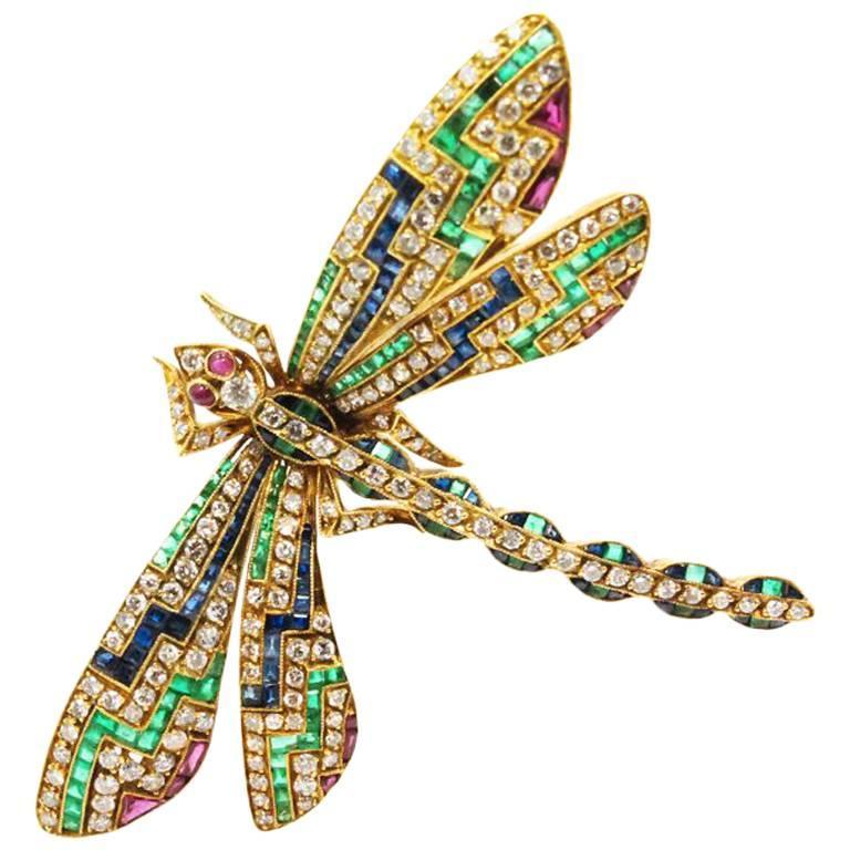 Multi Stone Yellow Gold Dragonfly Pin For Sale at 1stDibs