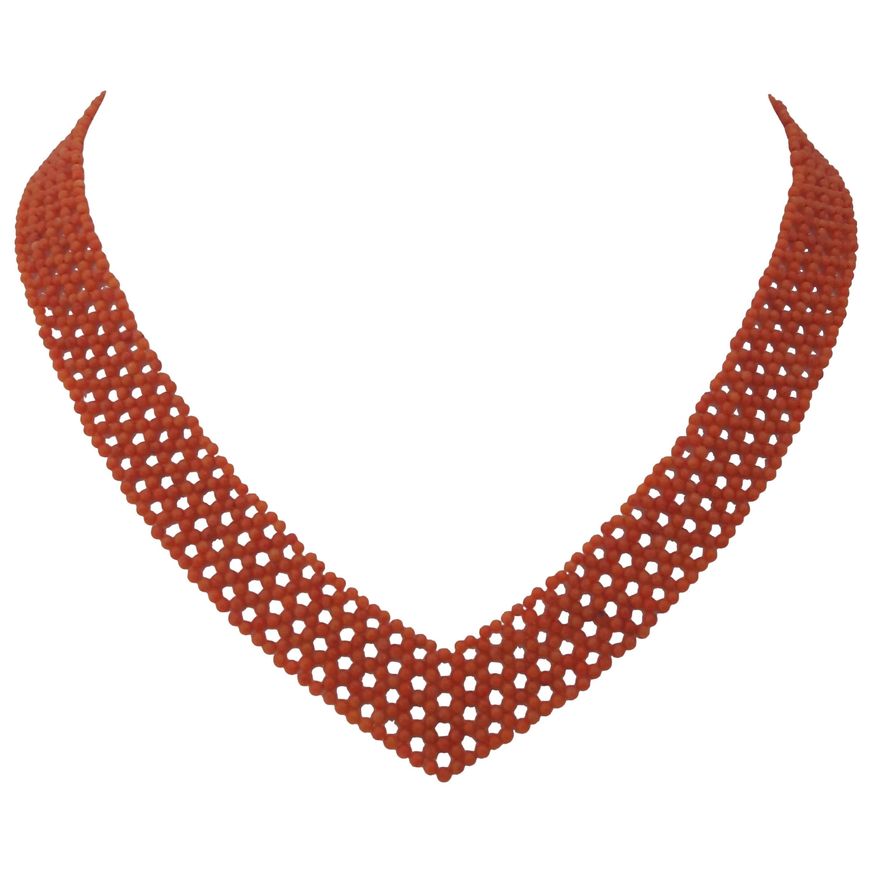 Marina J. Woven "V"  Shape Red-Orange Coral Necklace with Sliding Clasp