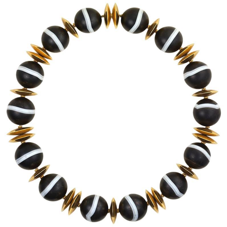 Banded Agate Bead Necklace with Gold Disc Spacers