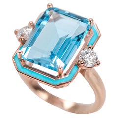 Art Deco Style Ring, Sky Topaz and Moissanite Stone Ring, 925 silver gold plated