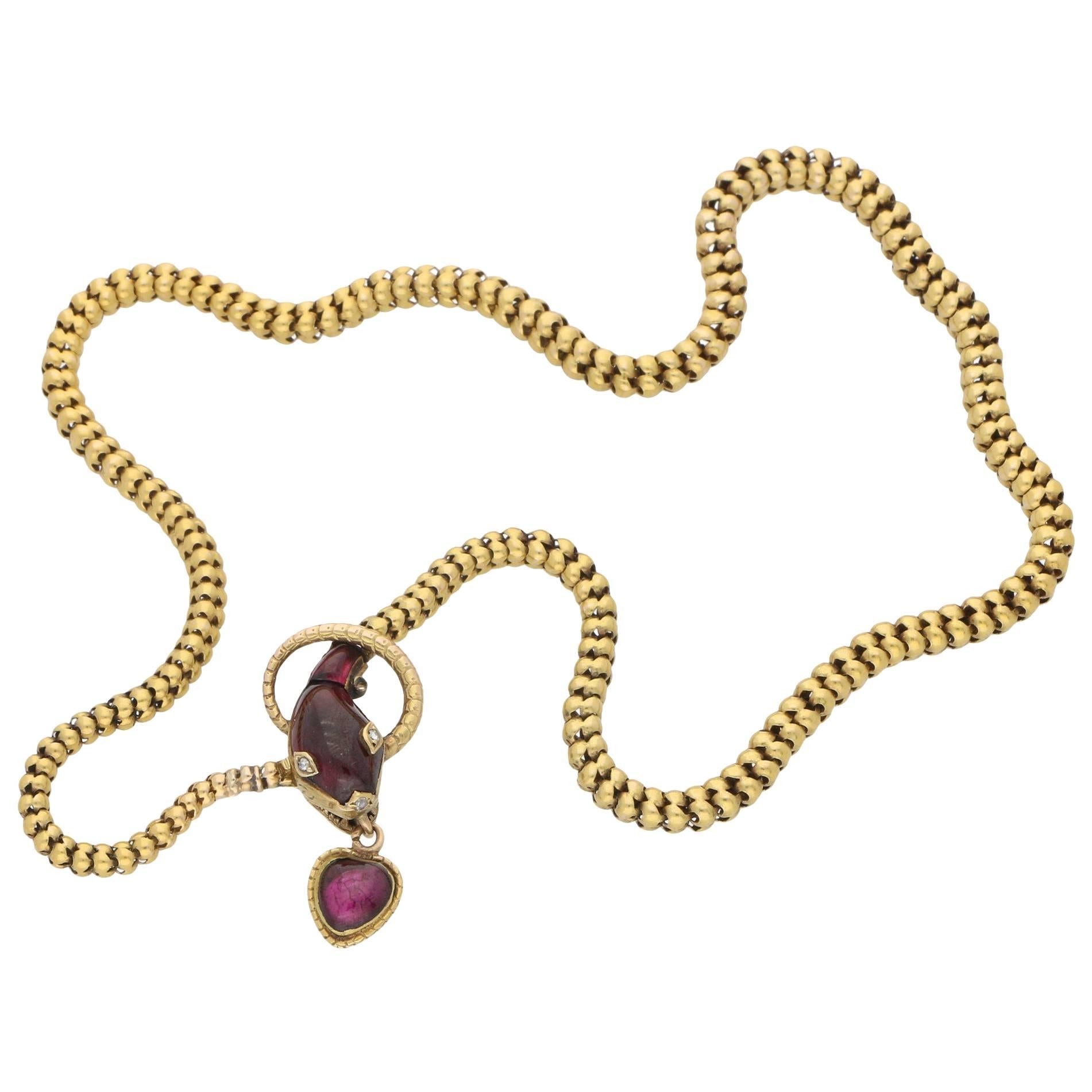 Victorian 1860s Garnet Gold Snake Necklace 