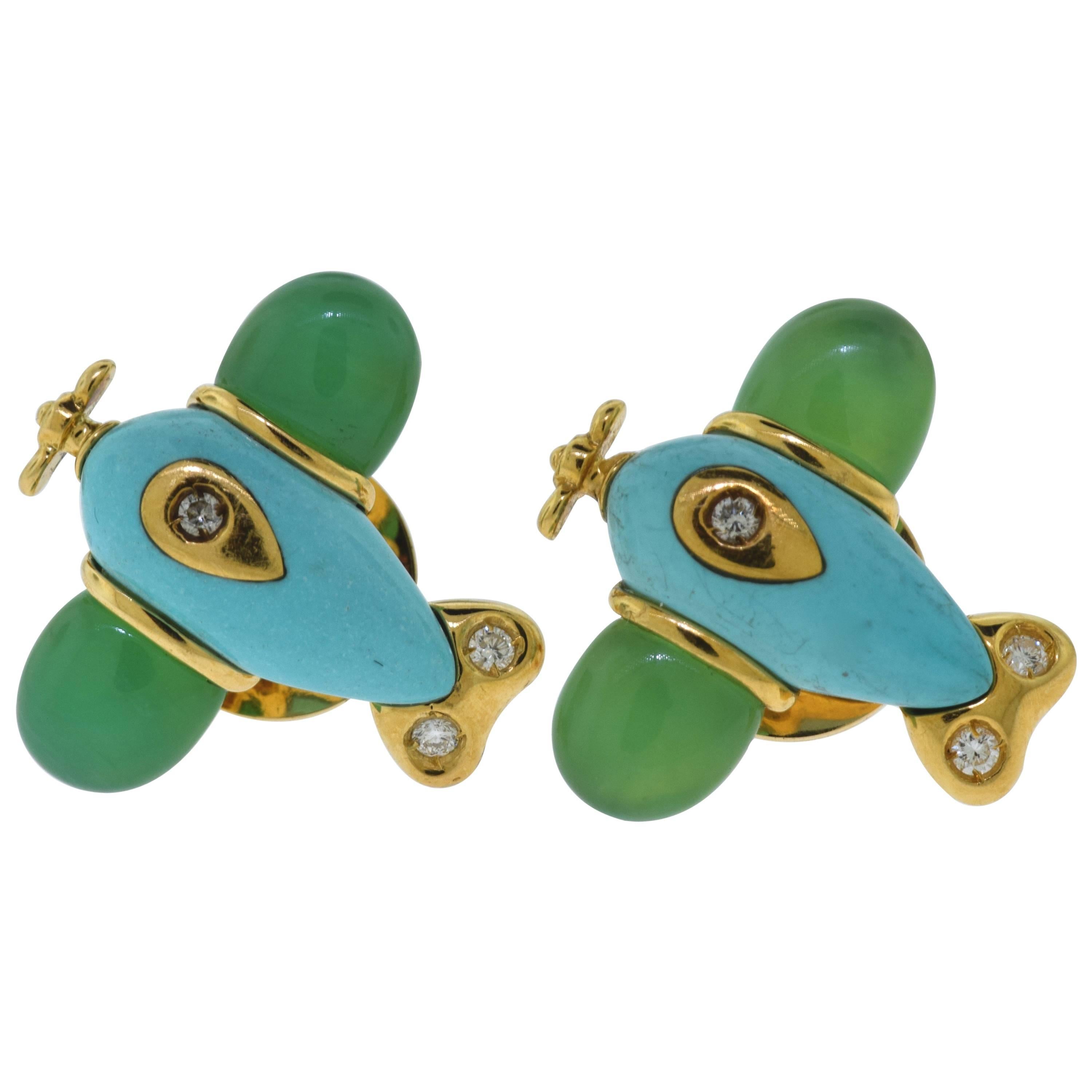 Turquoise and Chrysoprase Airplane Earrings with Diamonds, 18 Karat Yellow Gold For Sale