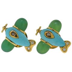Turquoise and Chrysoprase Airplane Earrings with Diamonds, 18 Karat Yellow Gold