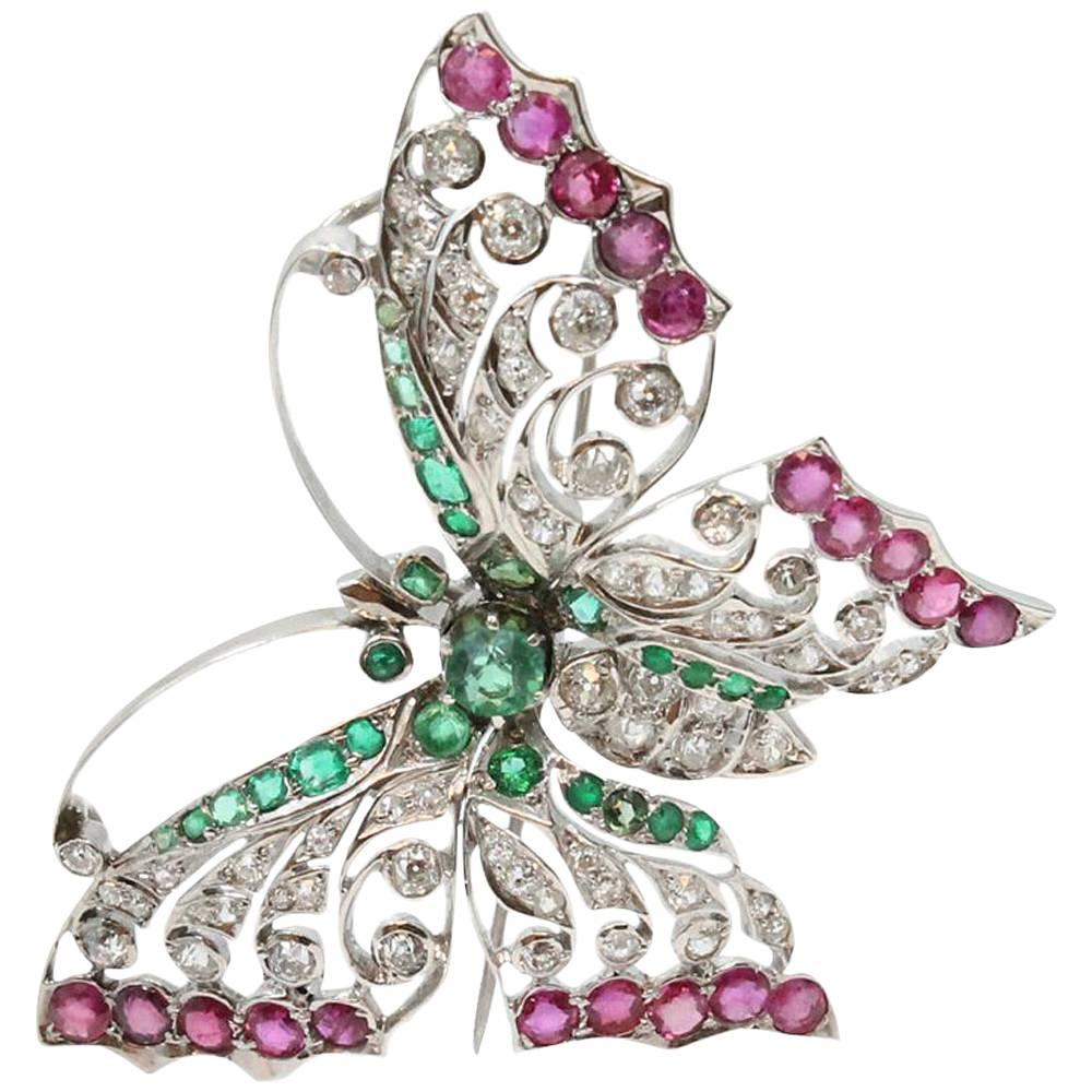 Ruby Emerald White Gold Butterfly Pin For Sale