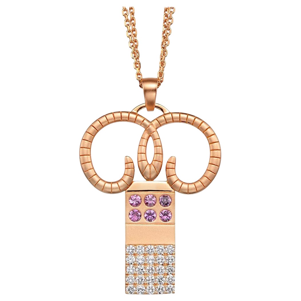 Aries Zodiac Pendant Necklace  18K Rose Gold  25 Diamonds  6 Pink Sapphires