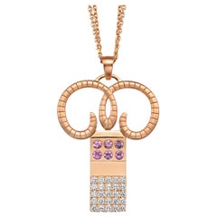 Aries Zodiac Pendant Necklace  18K Rose Gold  25 Diamonds  6 Pink Sapphires