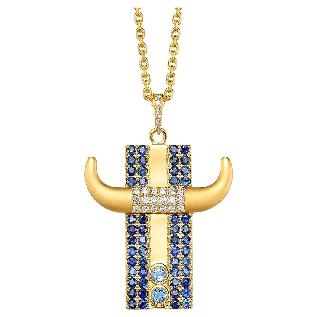 Taurus Pendant Necklace 18k Y Gold 26 Diamonds 52 Blue Sapphires 2 Aquamarines