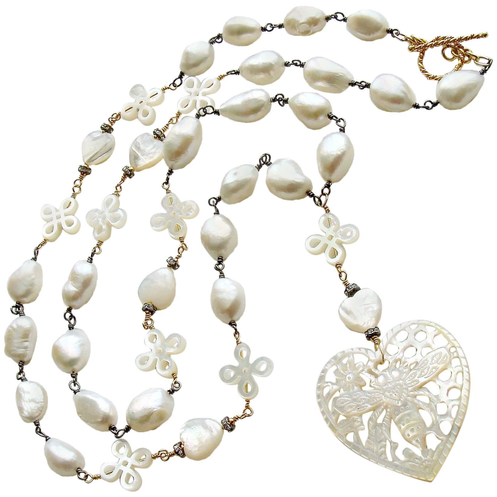Baroque Freshwater Pearls Carved Mother-of-Pearl Queen Bee Heart Necklace