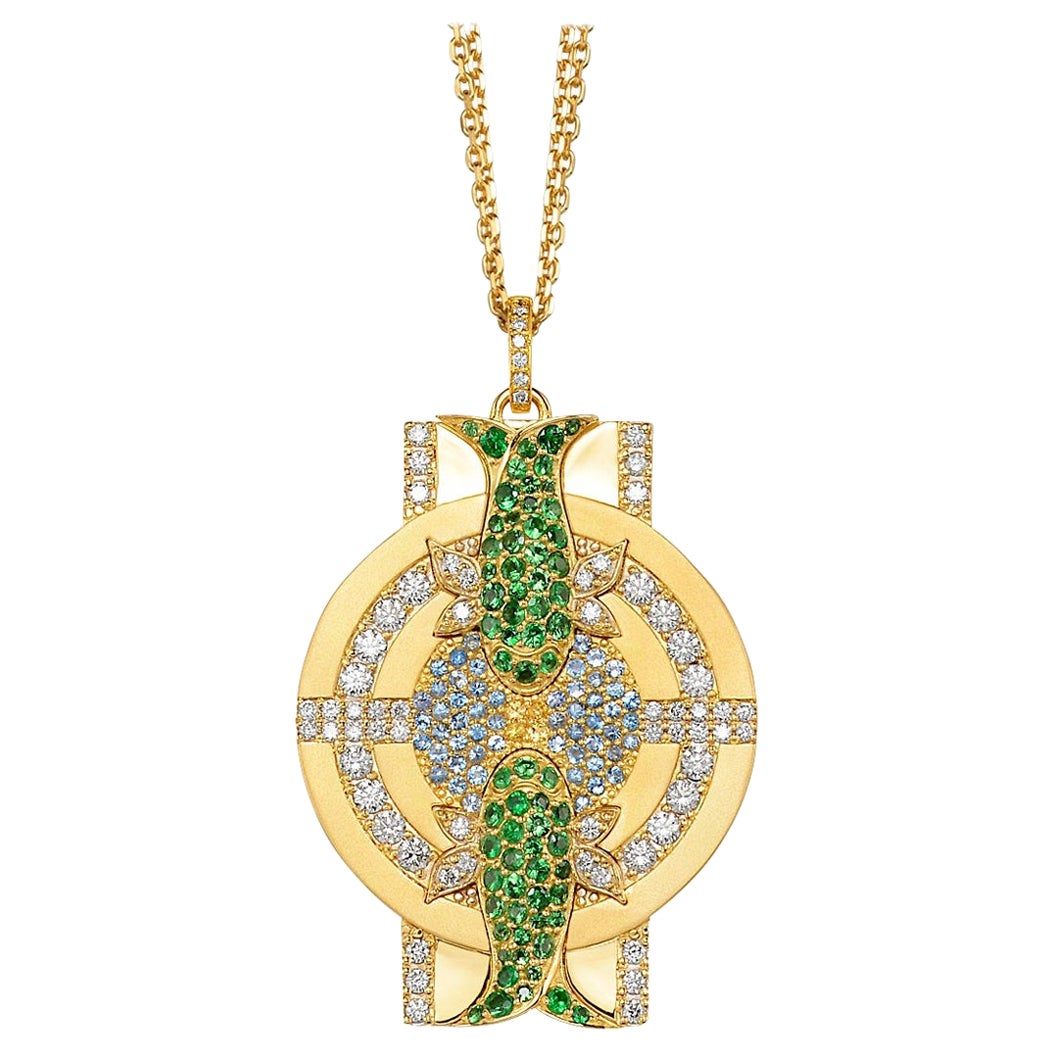 Pisces Zodiac Pendant Necklace, 18k Gold, 66 Dias, 66 Tsavs, 54 Aquas, 4 Sapphs For Sale