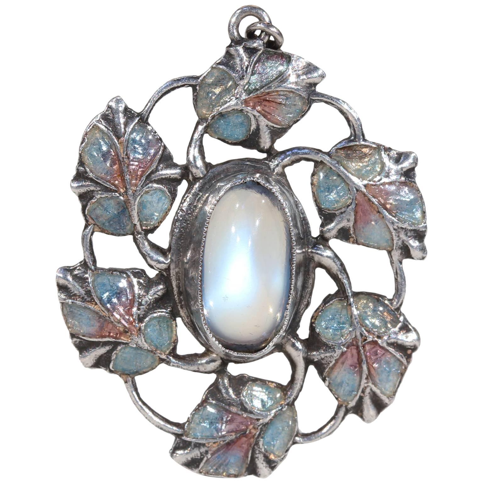 Arts and Crafts Jessie King Pendant Moonstone Enamel Silver