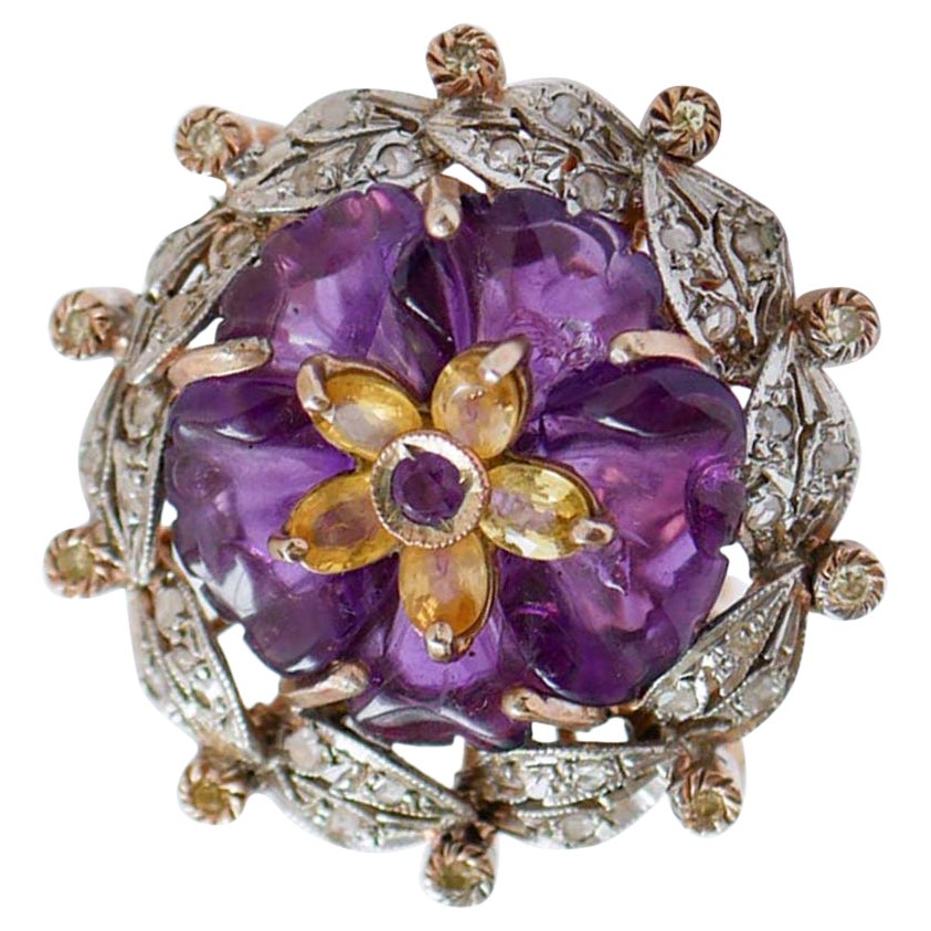 Amethyst, Sapphires, Diamonds, Rose Gold and Silver Ring.