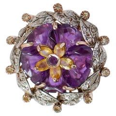 Ring aus Roségold und Silber mit Amethyst, Saphiren, Diamanten und Silber.