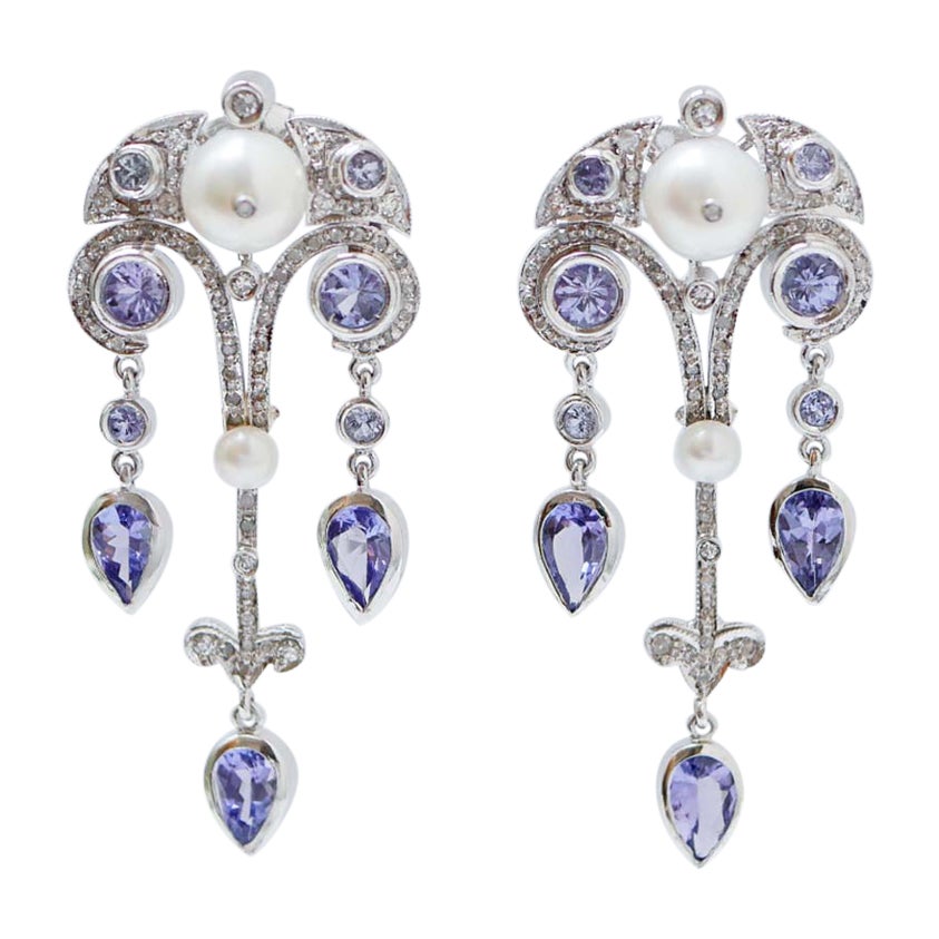 Tanzanite, Pearls, Diamonds, Platinum Earrings. For Sale
