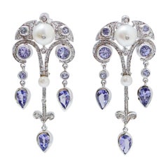 Tanzanite, Pearls, Diamonds, Platinum Earrings.