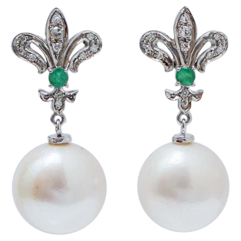 13.5 Mm White Pearls, Emeralds, Diamonds, White Gold Earrings. For Sale