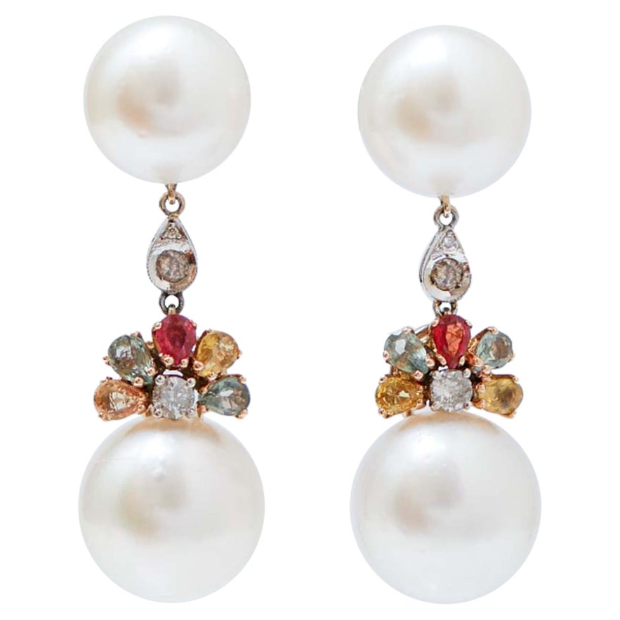 Pendientes de Diamantes, Zafiros, Perlas del Mar del Sur, Oro Blanco y Rosa de 14 Kilates