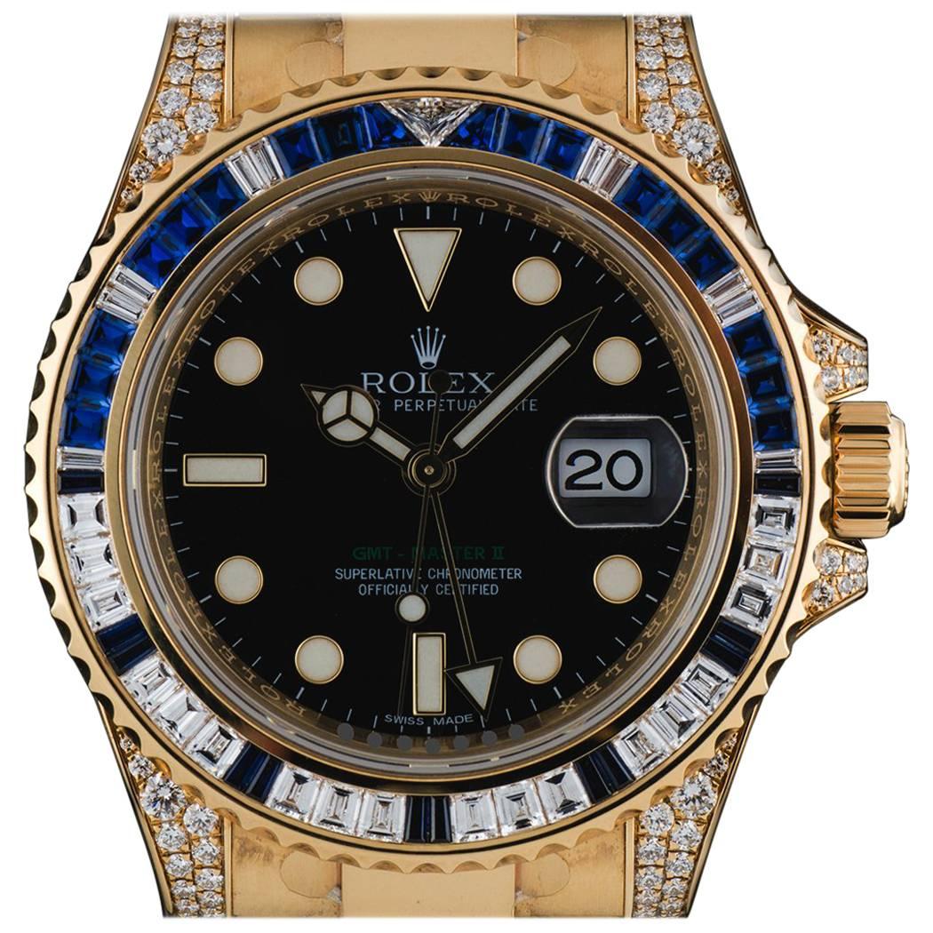 Rolex Yellow Gold Diamond Sapphire GMT-Master II Automatic Wristwatch
