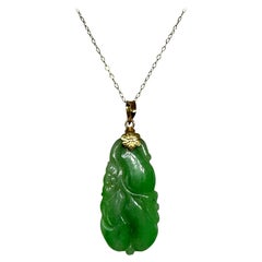 Fine Jade Pendant Flower Fruit Motif Necklace 18 Karat Gold Carved Antique
