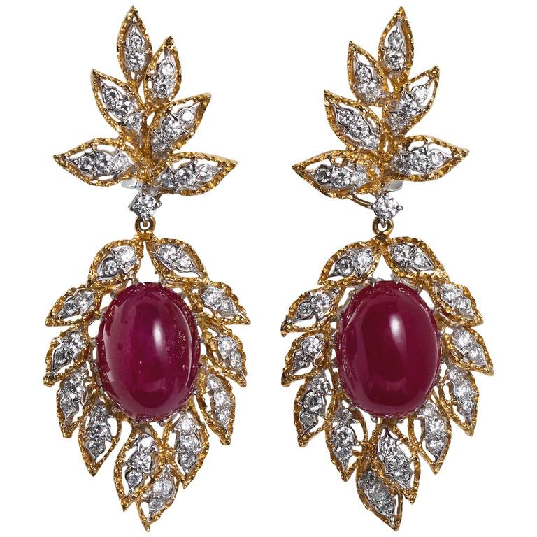 Cabochon Ruby Diamond Dangle Earrings For Sale