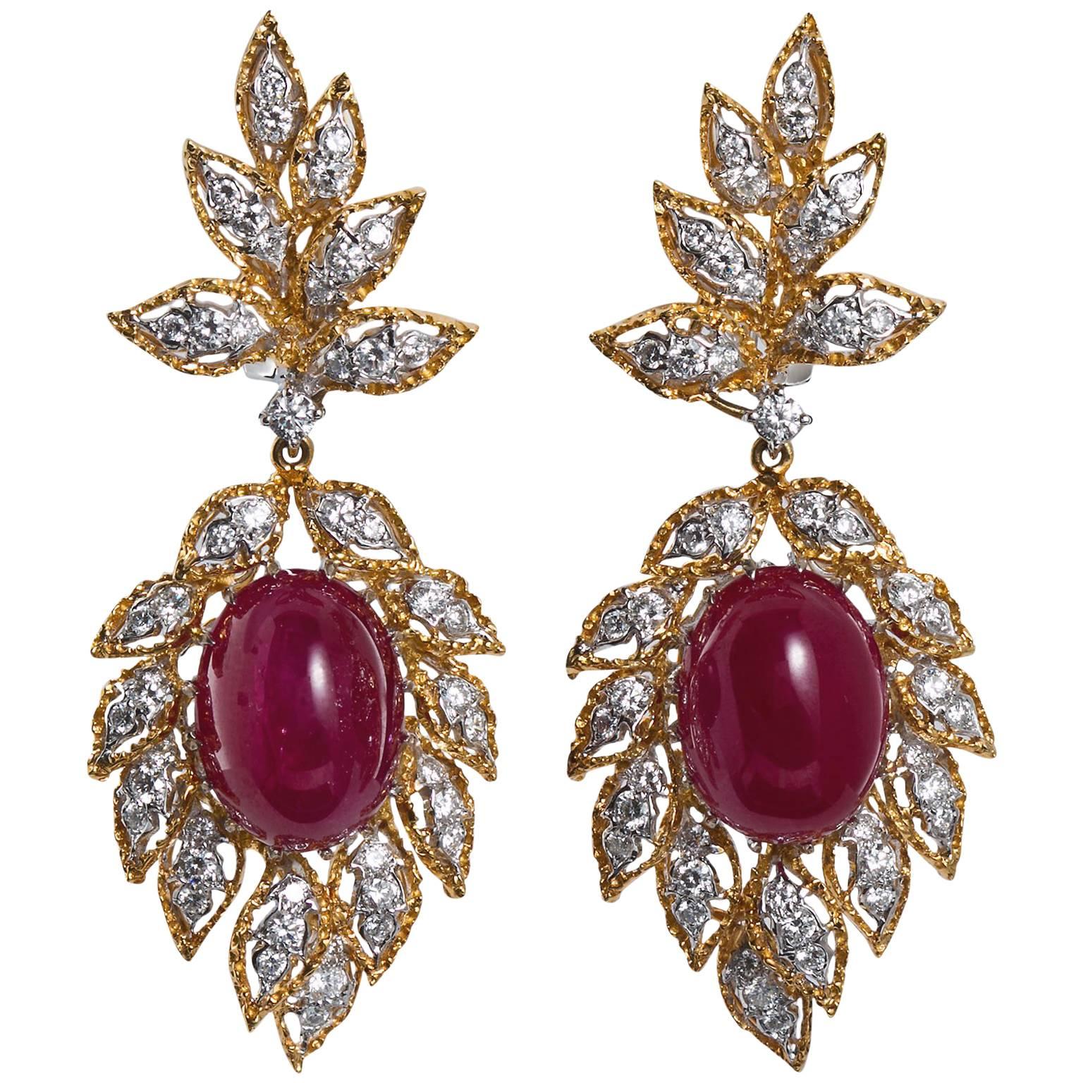Cabochon Ruby Diamond Dangle Earrings