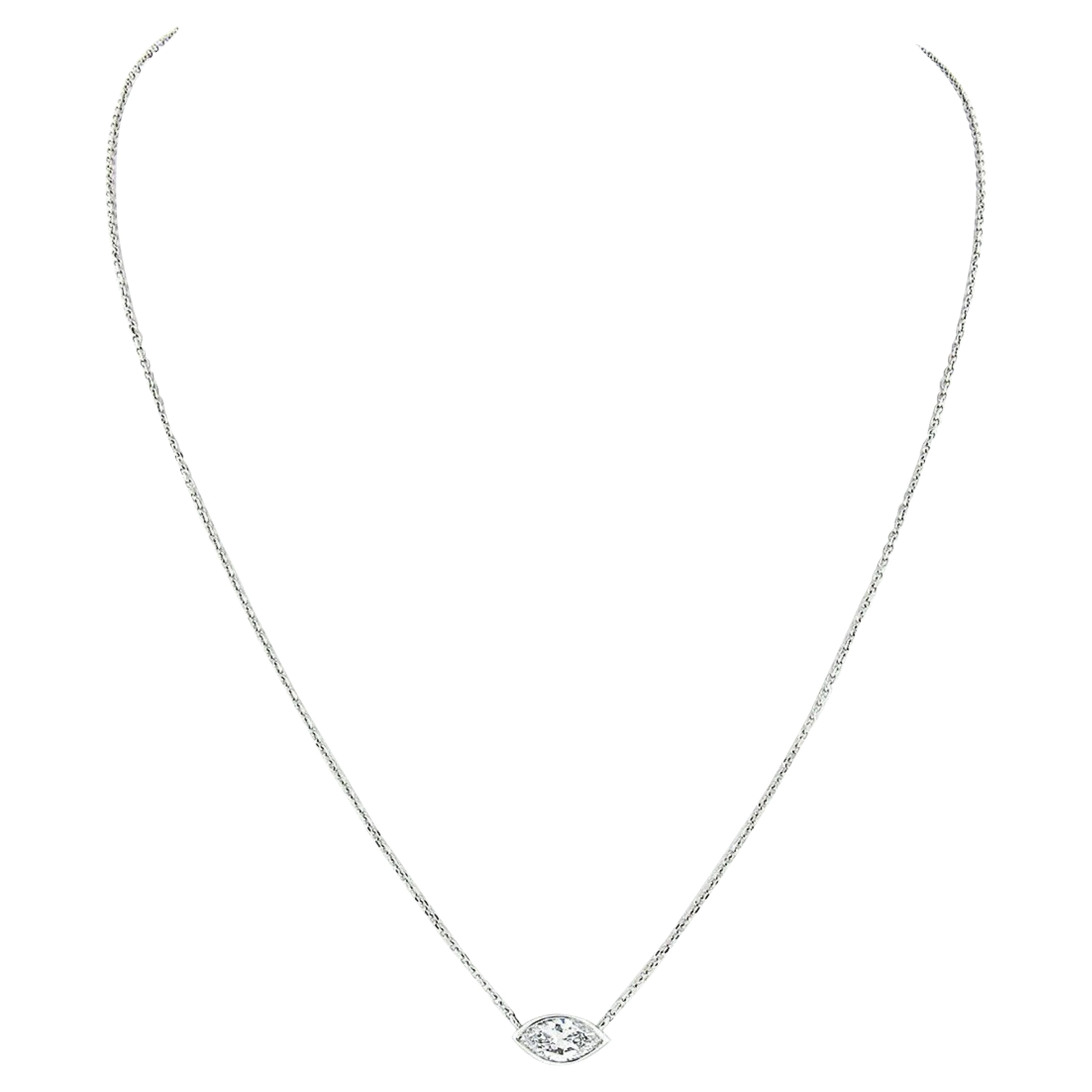 New 14K Gold .66ct GIA Marquise Bezel Diamond Solitaire Pendant Adjustable Chain