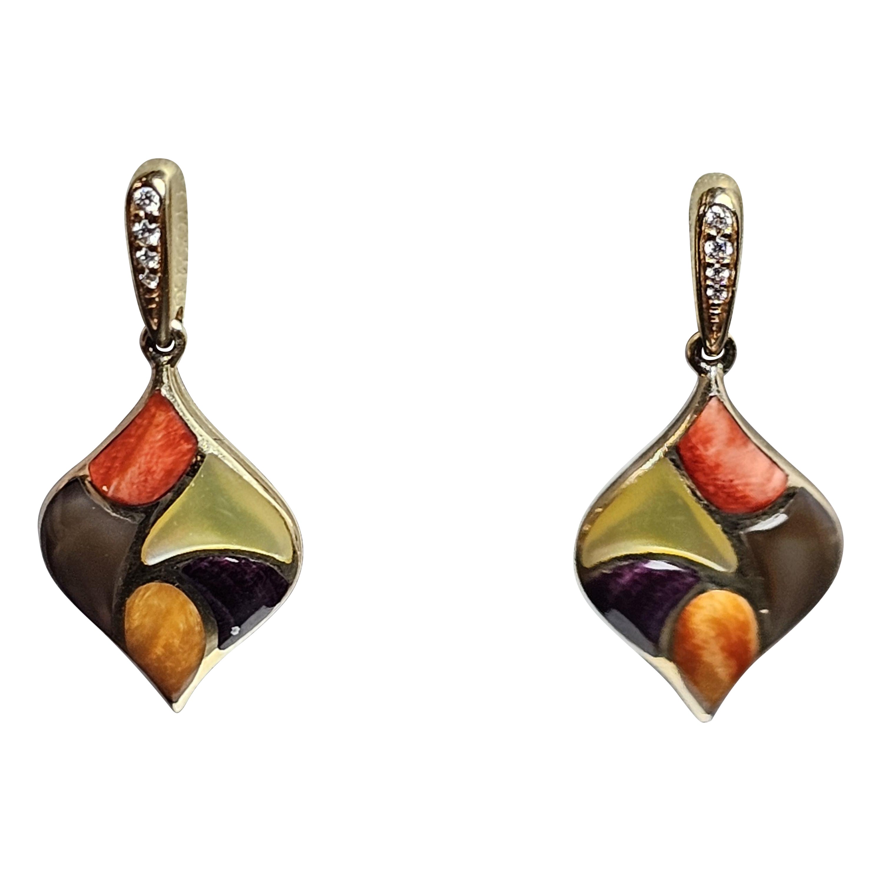 Kabana Drop Dangle Earrings Spiny Oyster Mother Pearl Diamond 14k Yellow Gold