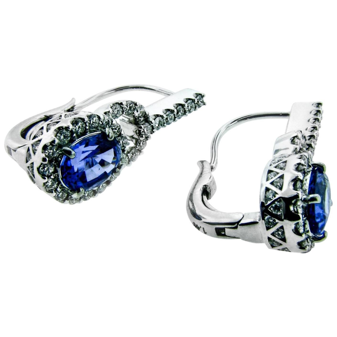 2.86 Carat Blue Tanzanite White Diamonds White Gold Leverback Earrings For Sale