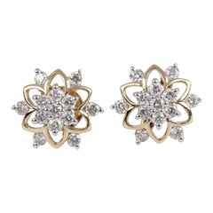 Beautiful Flower Shaped 14k Yellow Gold Studs Natural Pave Diamond Earring Gift.