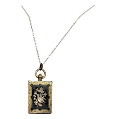 Used Bird Motif Book Form 4 Picture Locket Enamel Pearl Pendant Charm Gold Victorian