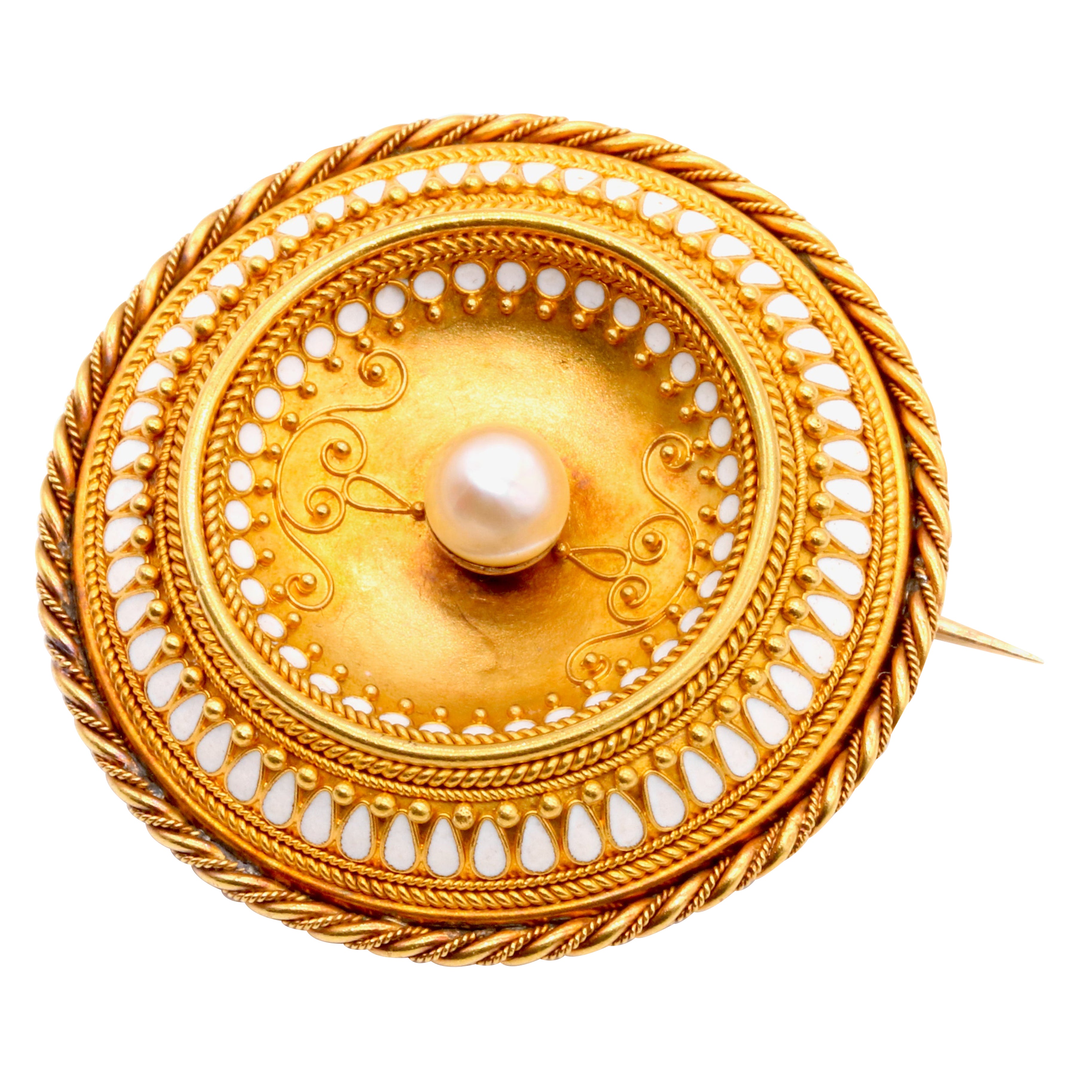 Antique 14K Gold Etruscan Revival Pearl & White Enamel Brooch, by Harry Emanuel