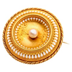 Antique 14K Gold Etruscan Revival Pearl & White Enamel Brooch, by Harry Emanuel