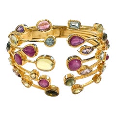 Bochic “Capri” Ruby & Multi Natural Gem Cuff Set In 18K Gold & Silver