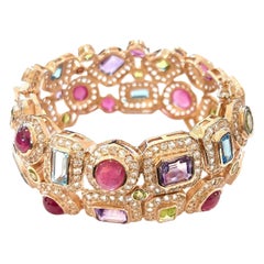 Bochic “Capri” Ruby & Multi Color Gem & Sapphire Bangle Set In 18K Gold & Silver