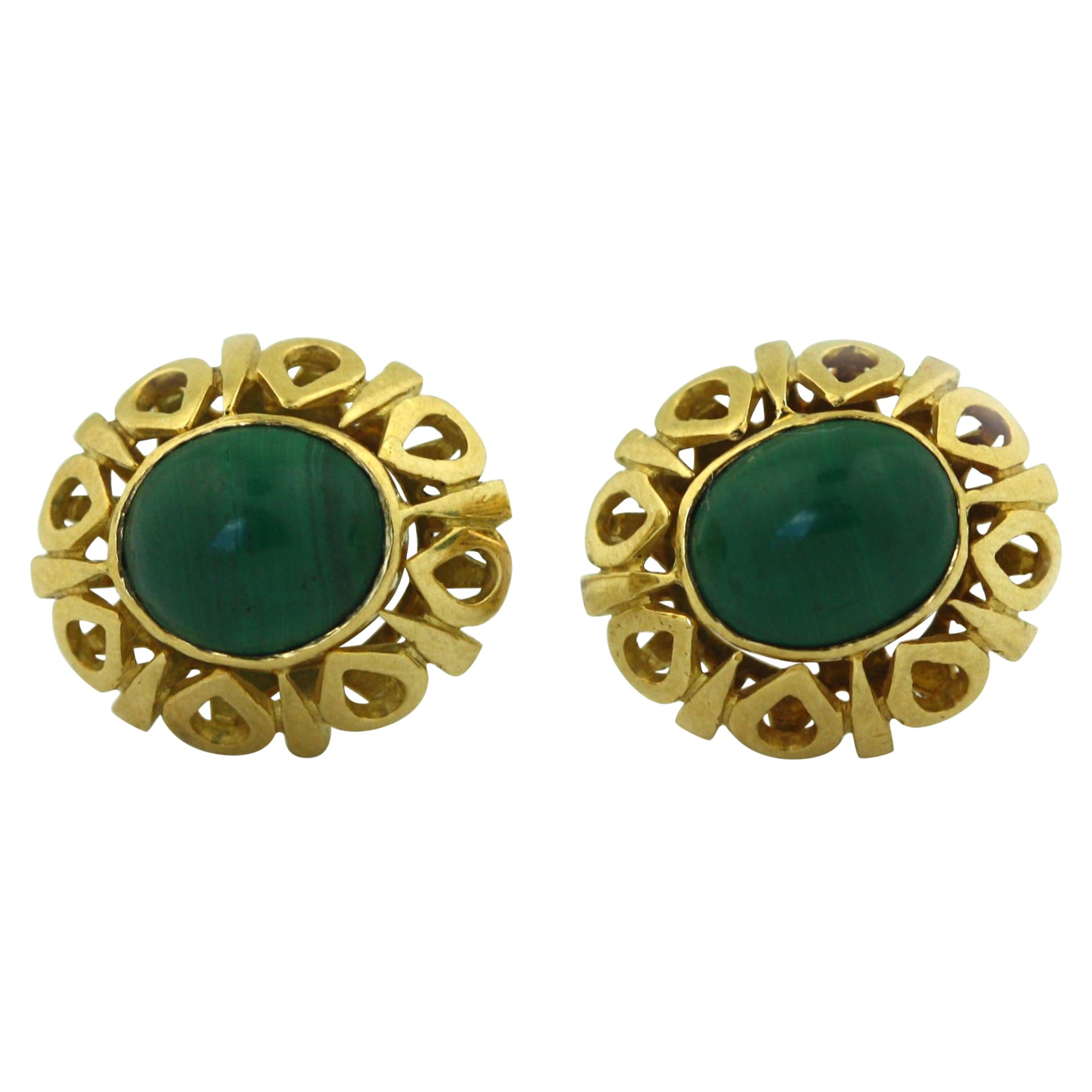 Vintage Malachite and Hammered Gold Cutout Earrings For Sale