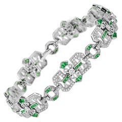 Bracelet en or blanc 18 carats avec diamants et émeraudes de style Art déco