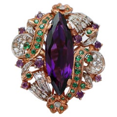 Amethysts, Spinel, Diamonds, 14 Karat Rose Gold and Silver Ring.