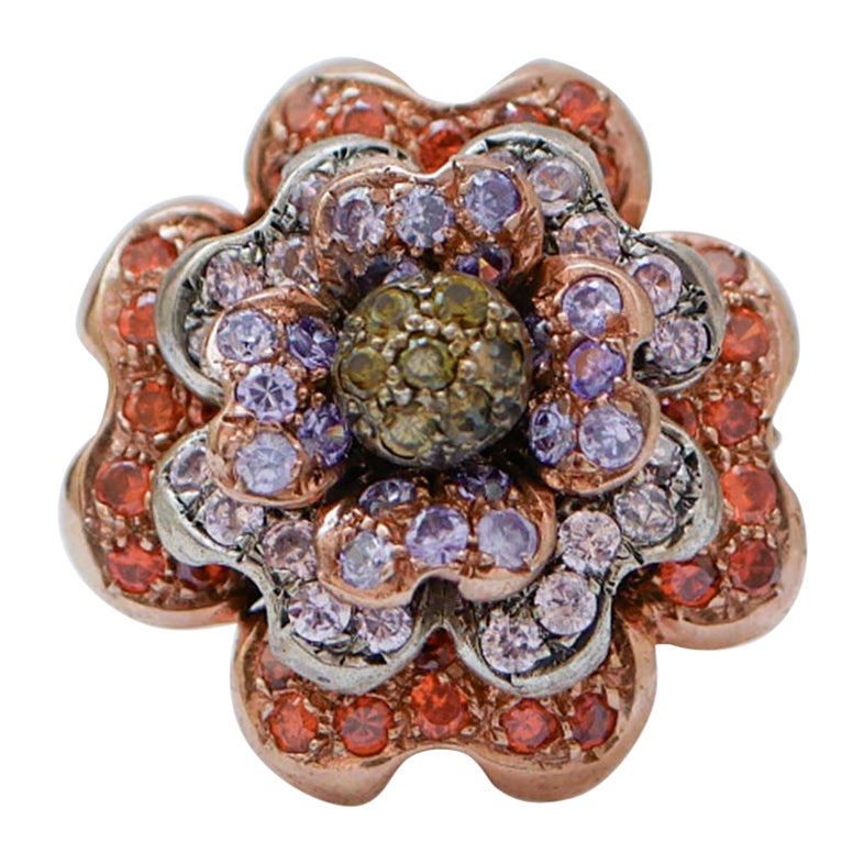 Anillo Flor Multicolor, Oro Rosa y Plata.