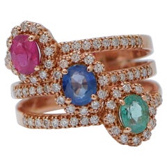 Ruby, Emerald, Sapphire, Diamonds, 18 Karat Rose Gold Ring.