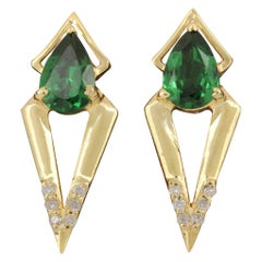 14k Gelbgold Natürliche Pave Diamant und Tsavorit Zarte Ohrringe für Damen.