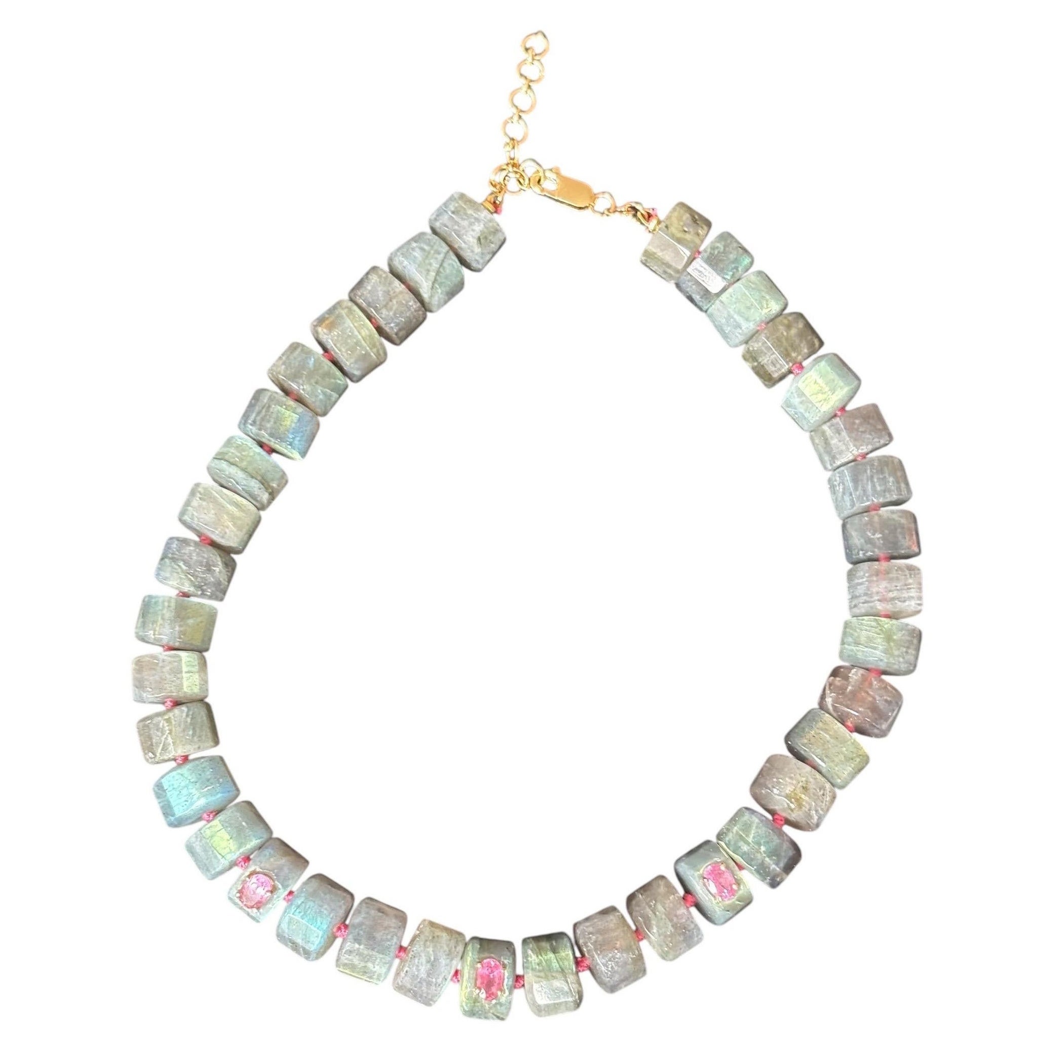 GRAND LABRADORITE NECKLACE with Pink Tourmaline & 14k Gold