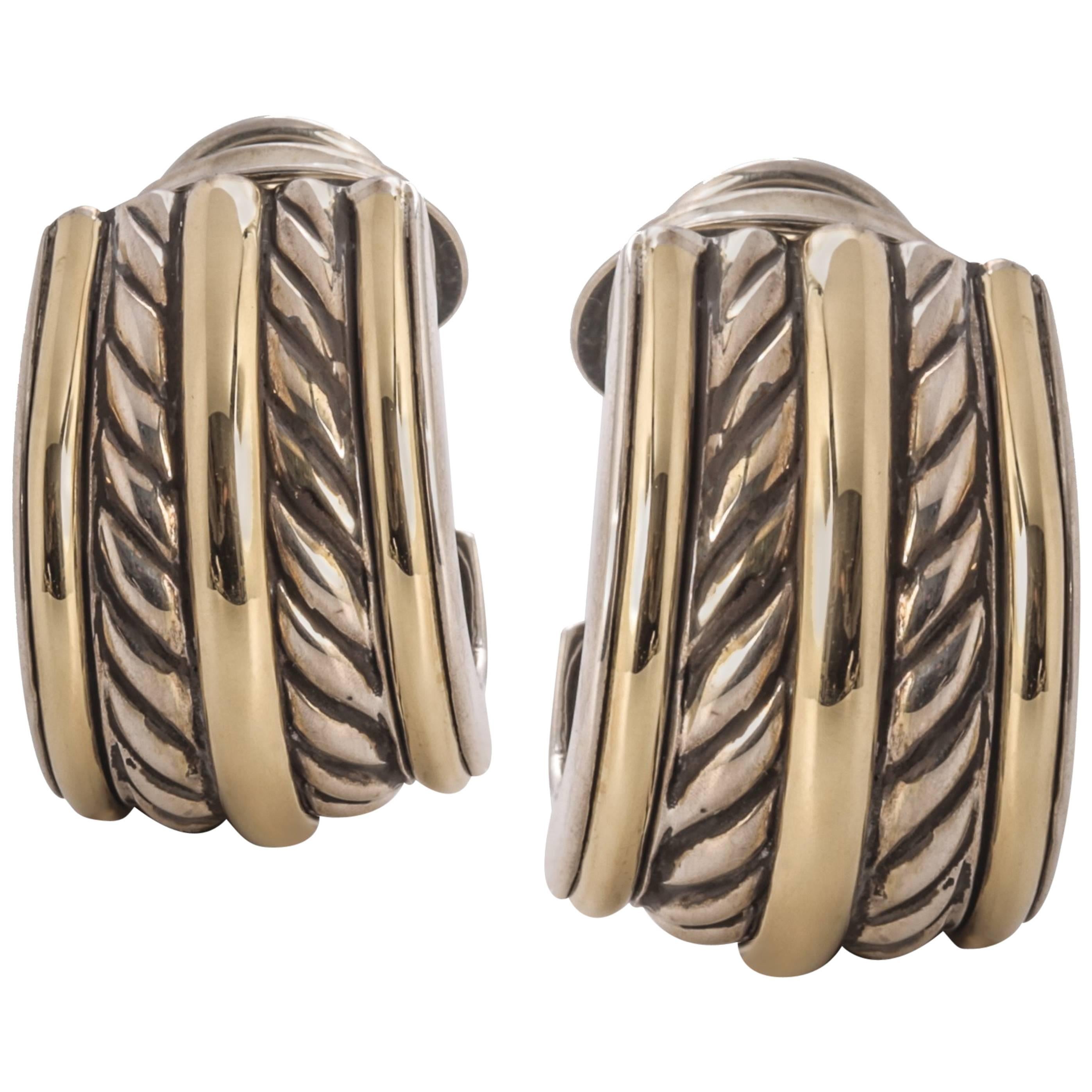 David Yurman Sterling Silver Yellow Gold Double Cable Huggie Earrings