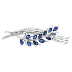Fine Estate Platinum Sapphire & Baguette Diamond Leaf Brooch 4" Large