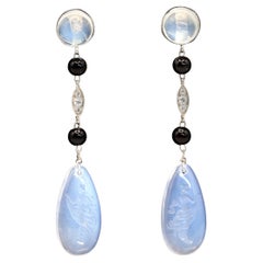 Antique 1920s Art Deco Platinum Carved Moonstone Diamond Onyx Drop Earrings