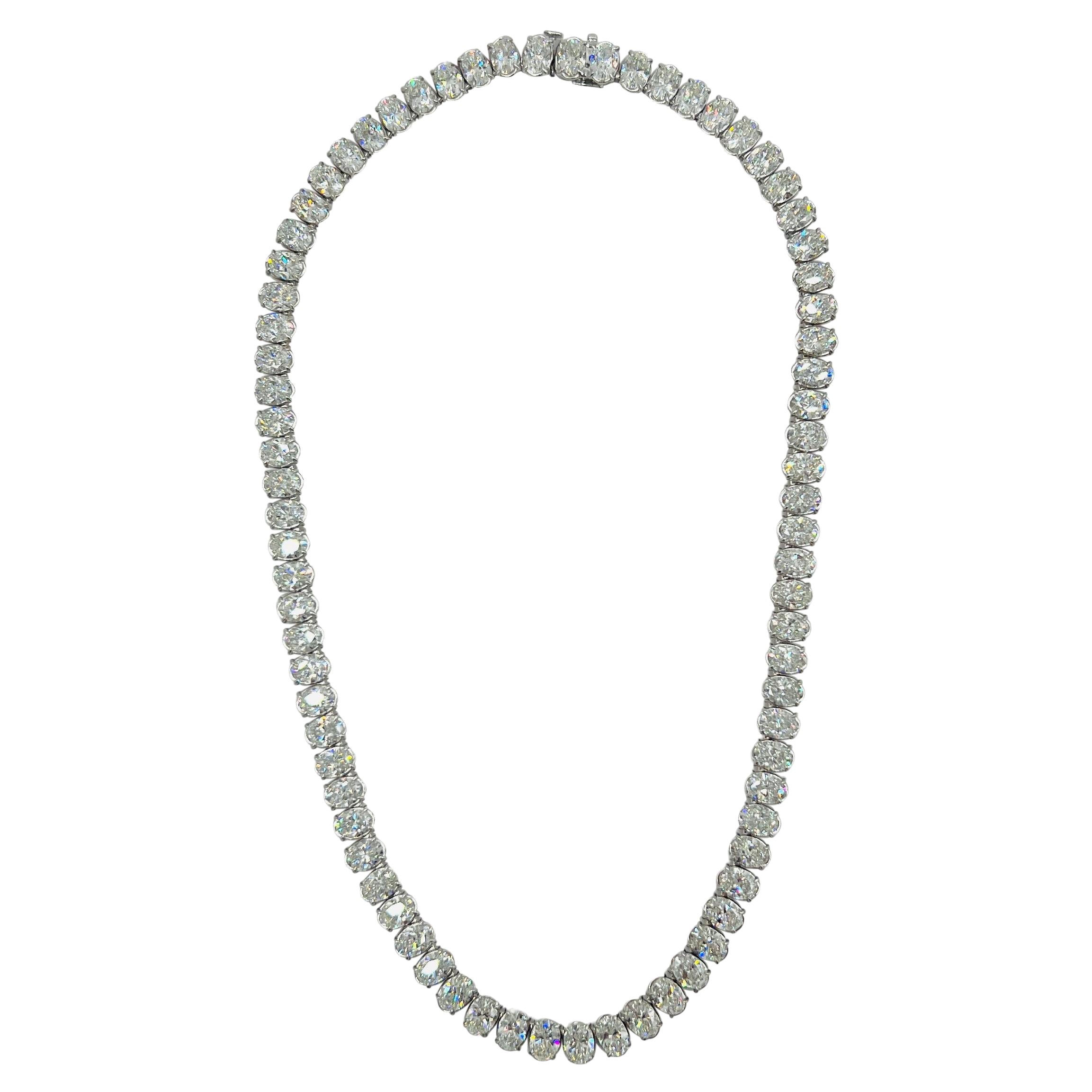 GIA White Diamond Oval Tennis Necklace in 18K White Gold For Sale