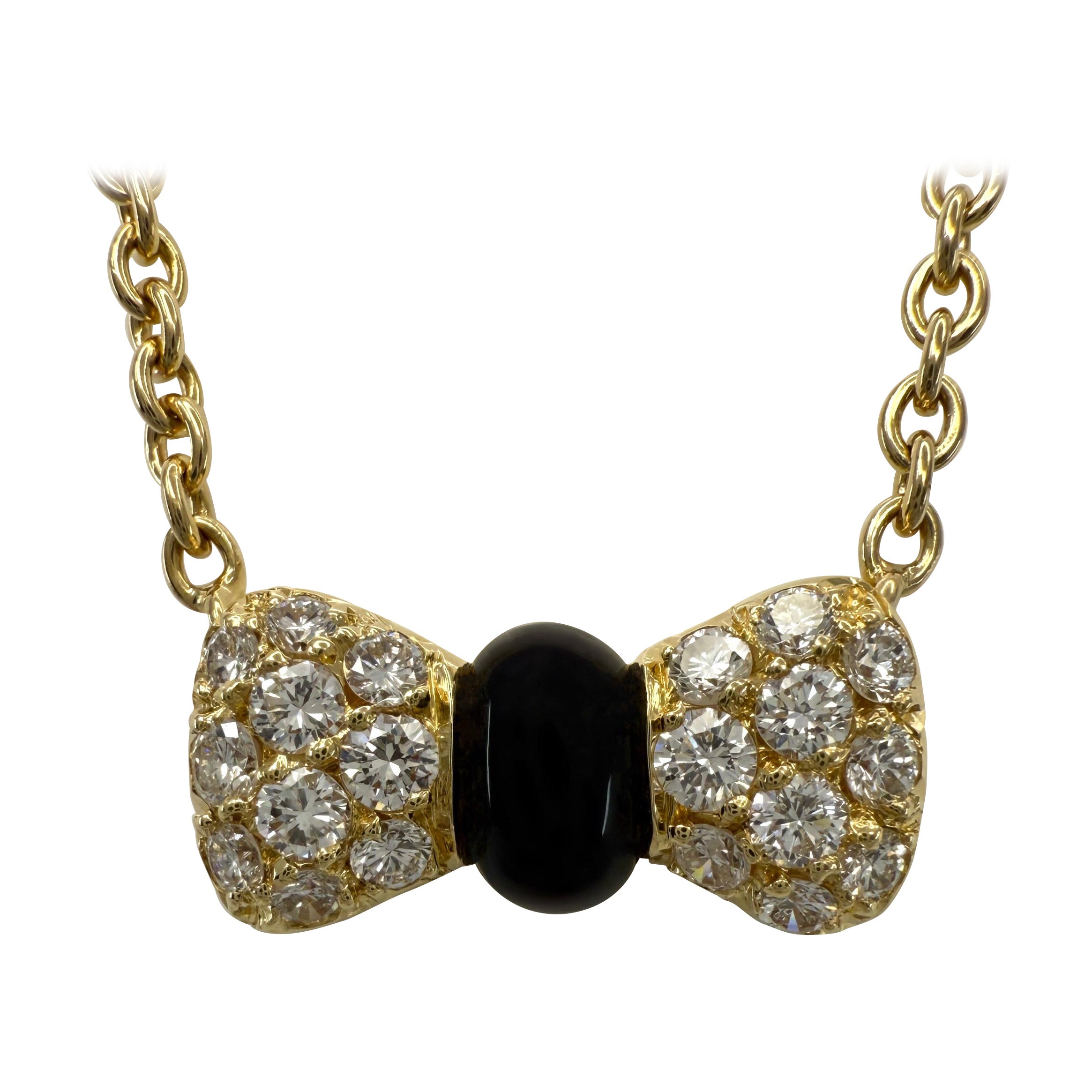 Vintage Van Cleef & Arpels Onyx Diamond 18k Yellow Gold Ribbon Pendant Necklace