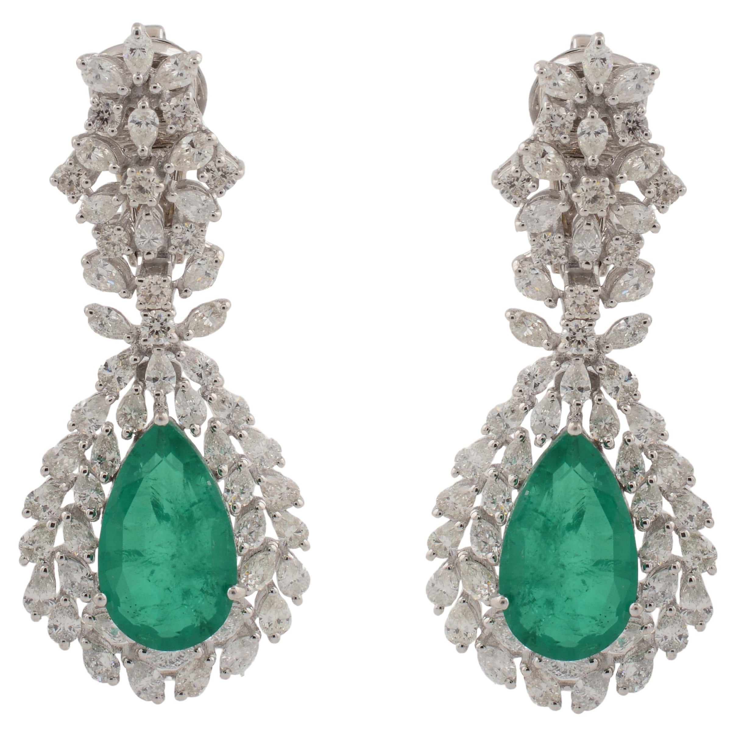 7.72 Carat Pear Green Gemstone Dangle Earrings 5.1 Ct Diamond 18k White Gold