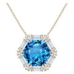 GIA Certified Hexagonal 17.5 ct Swiss Blue Topaz Halo Pendant in Yellow Gold