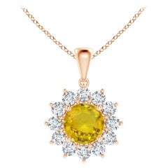 Natural GIA Certified Round 2.1ct Yellow Sapphire Flower Pendant 14K Rose Gold